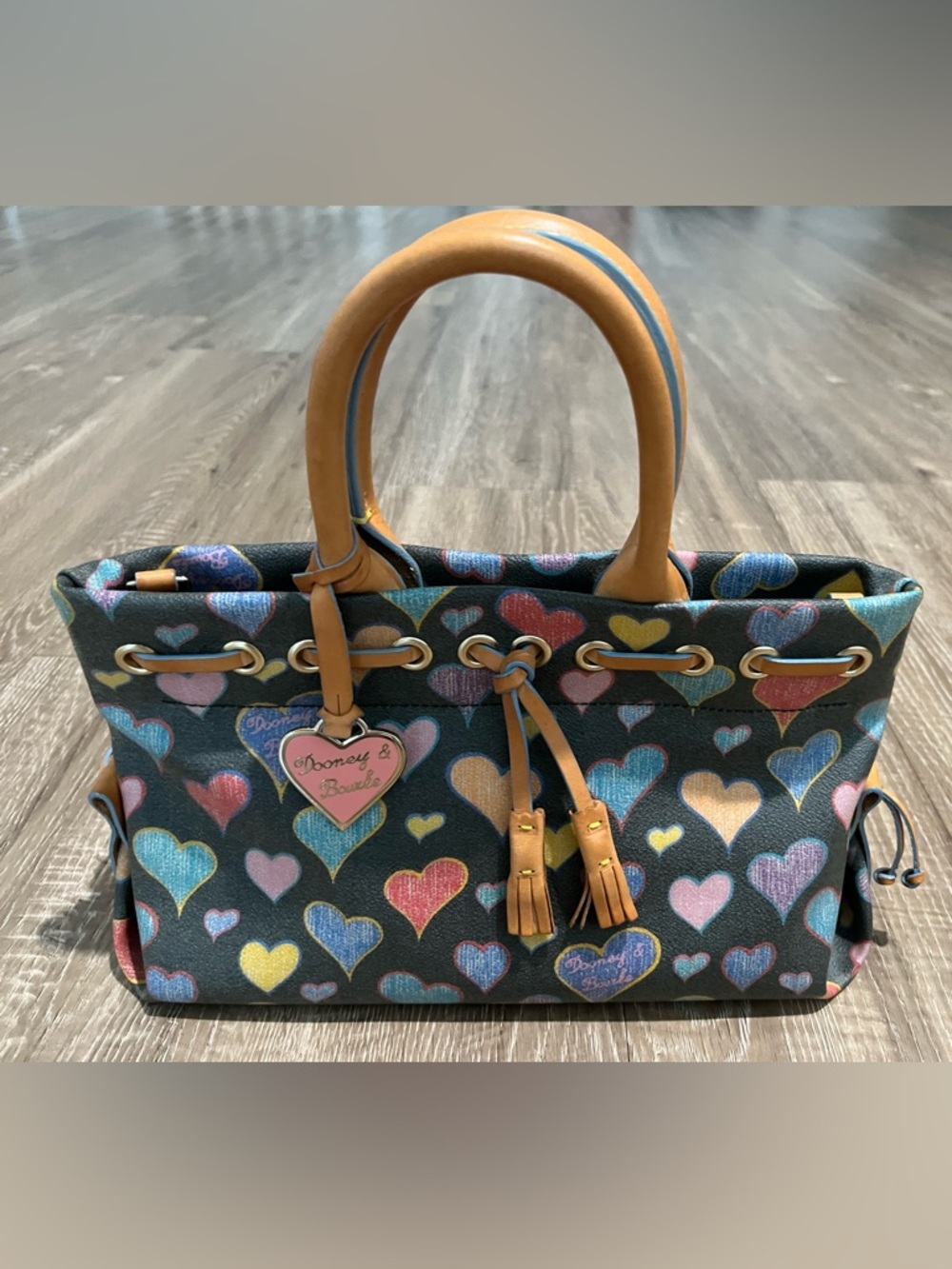 Dooney & Bourke Multicolor Heart-Print Satchel with Tan Handles